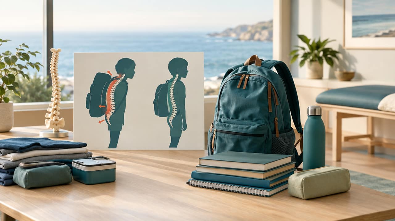 A child wearing a properly fitted backpack with both straps on and the bag resting high on the back