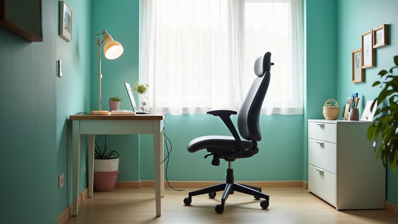 A person seated in an adjusted office chair with feet flat, lower back supported, and forearms level with the desk