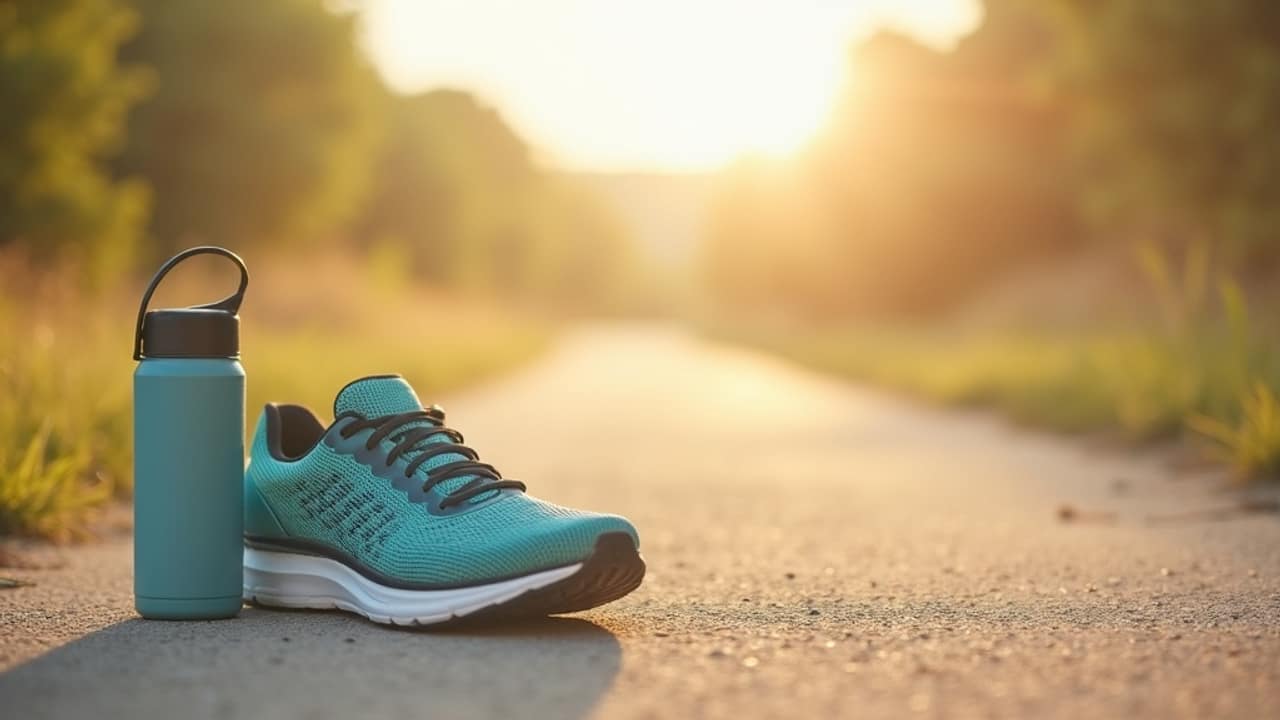 A runner on a trail pausing to stretch a calf, with a focus on the hips, knees, and feet