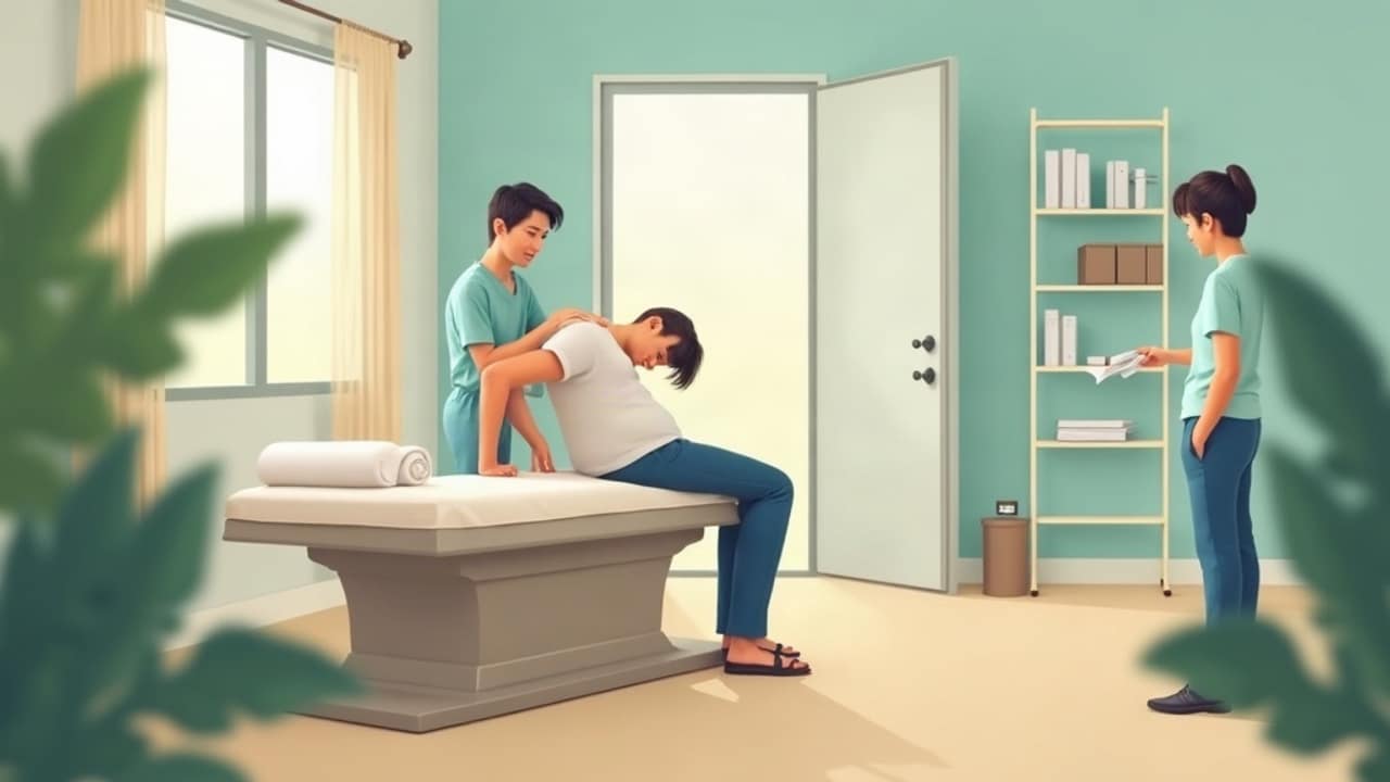 A split image showing a chiropractor examining a patient's back on one side and a massage therapist working on a patient's shoulders on the other