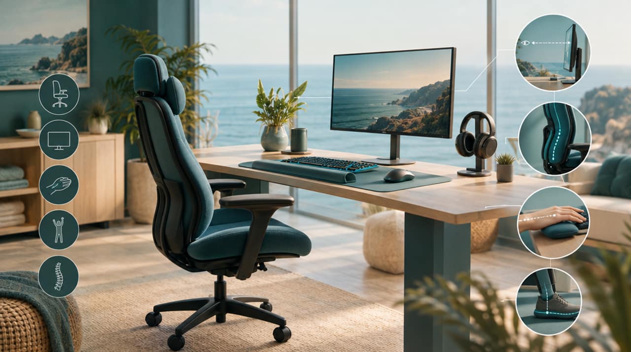 A gamer sitting upright at a desk with a properly positioned monitor, chair, and keyboard