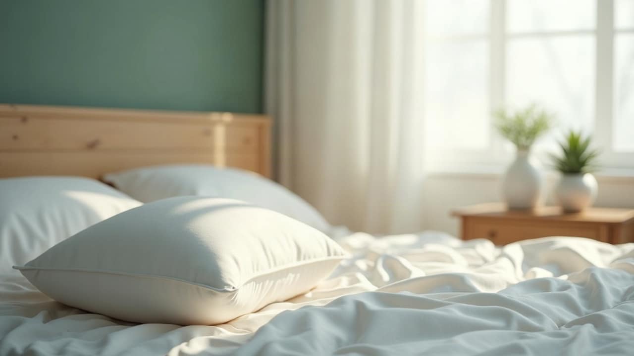 A contoured cervical pillow on a bed next to a regular pillow