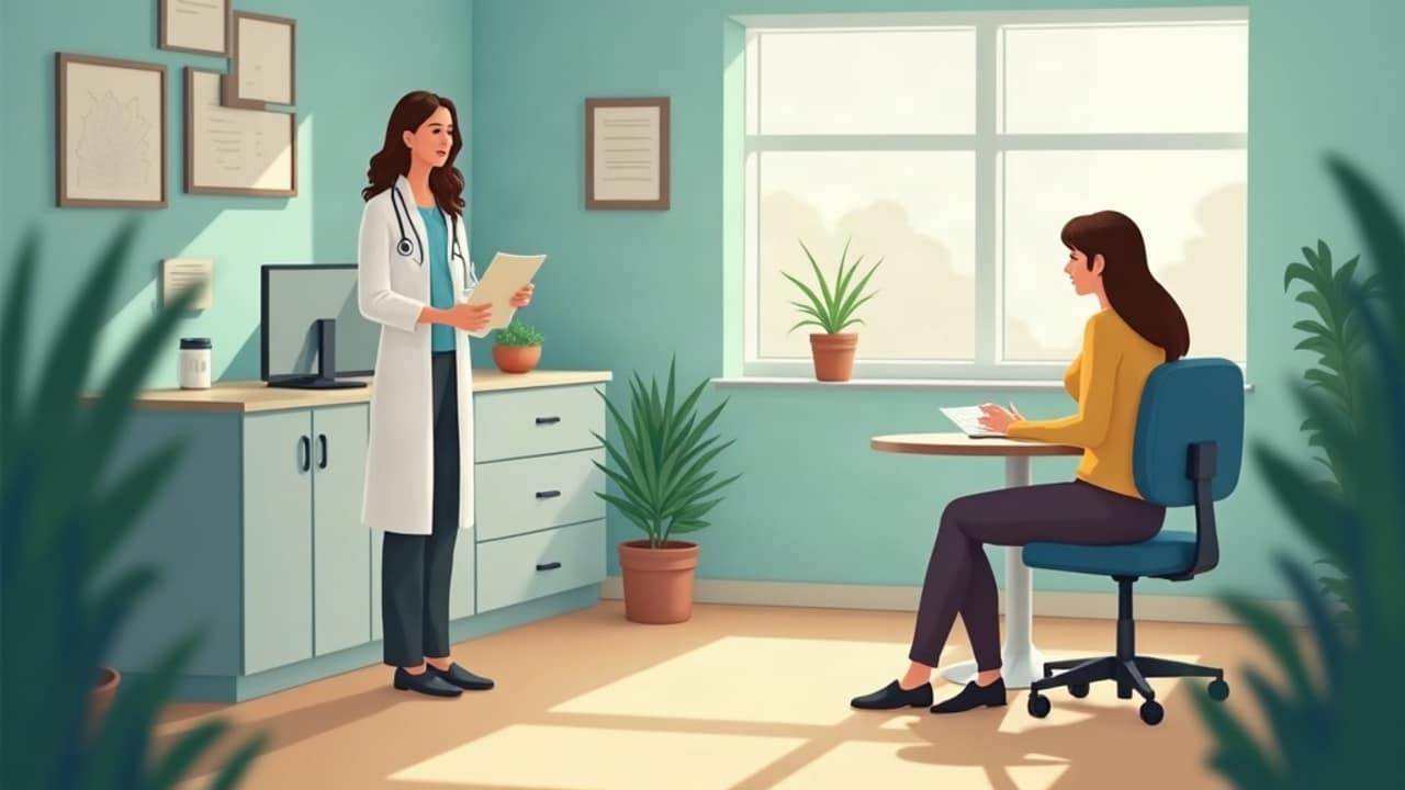 A person filling out paperwork in a chiropractic office waiting area before their first appointment