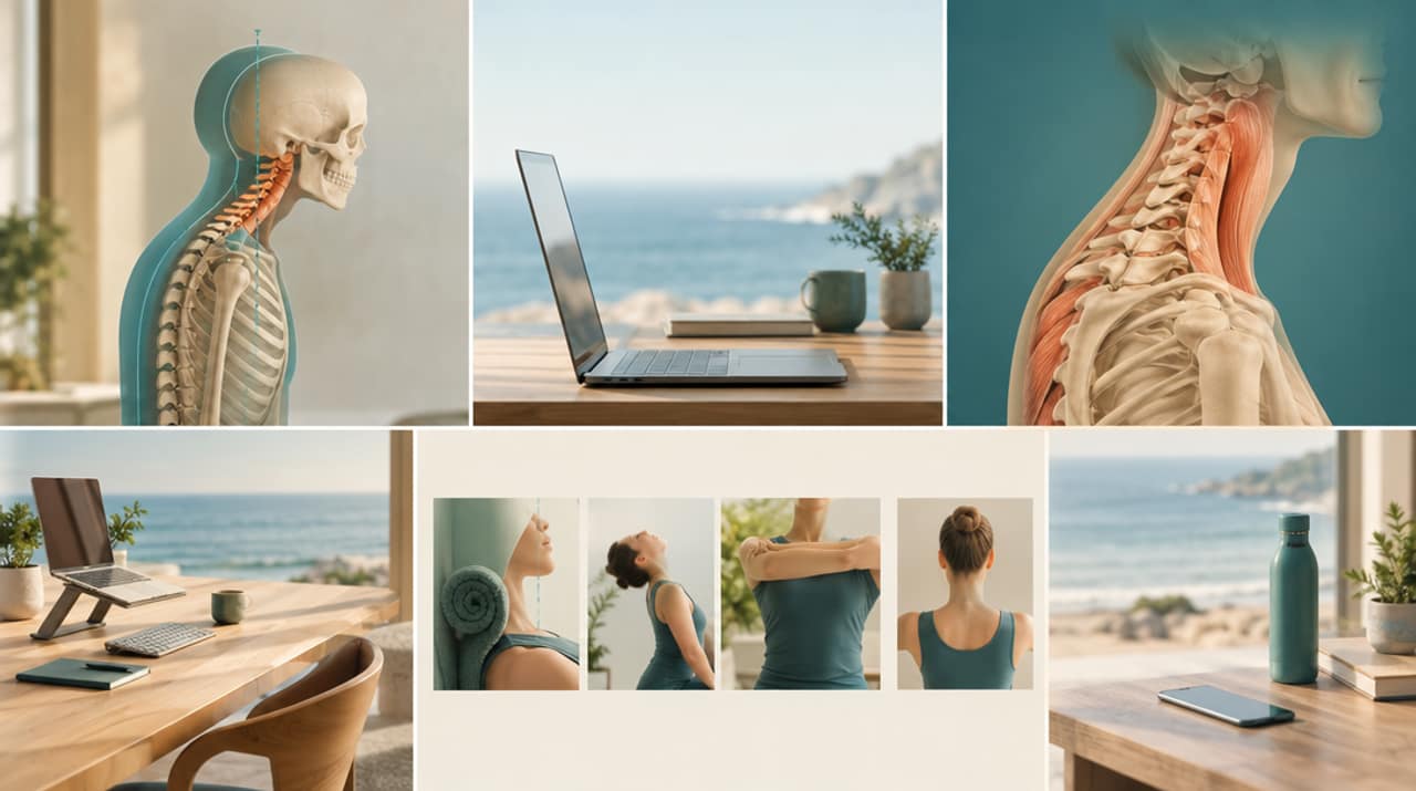 A side view of a person at a laptop with the head jutting forward ahead of the shoulders