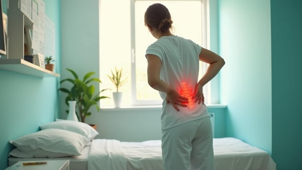 A person sitting on the edge of a bed in the morning gently stretching their lower back