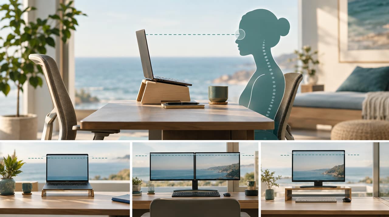 A monitor raised on a stand so the top of the screen sits at eye level for a person sitting at a desk