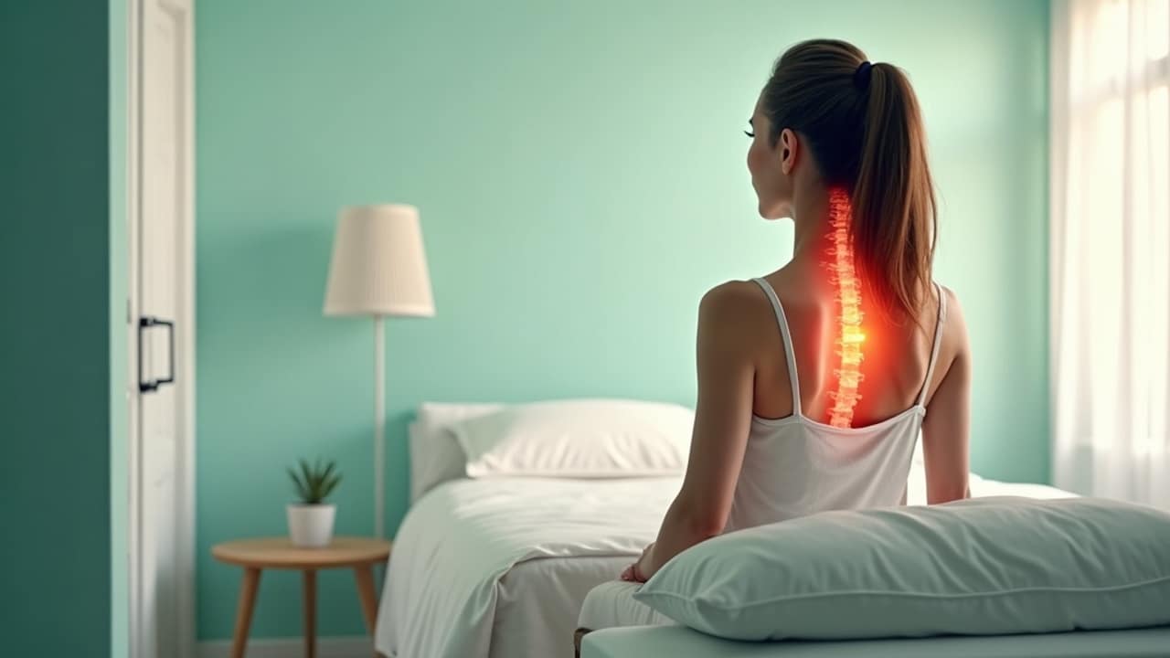 A person holding the side of their neck with one hand while their other arm shows mild discomfort