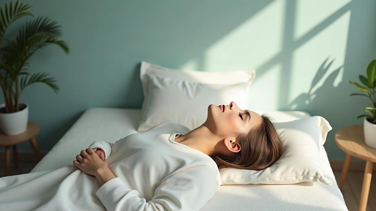 A person sleeping on their side with a supportive pillow keeping the neck level with the spine