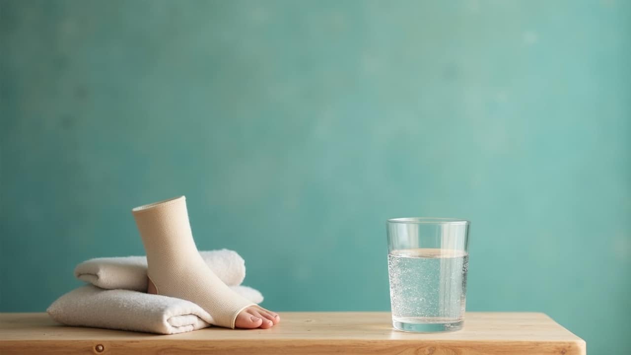 Person wrapping an elastic bandage around a swollen ankle