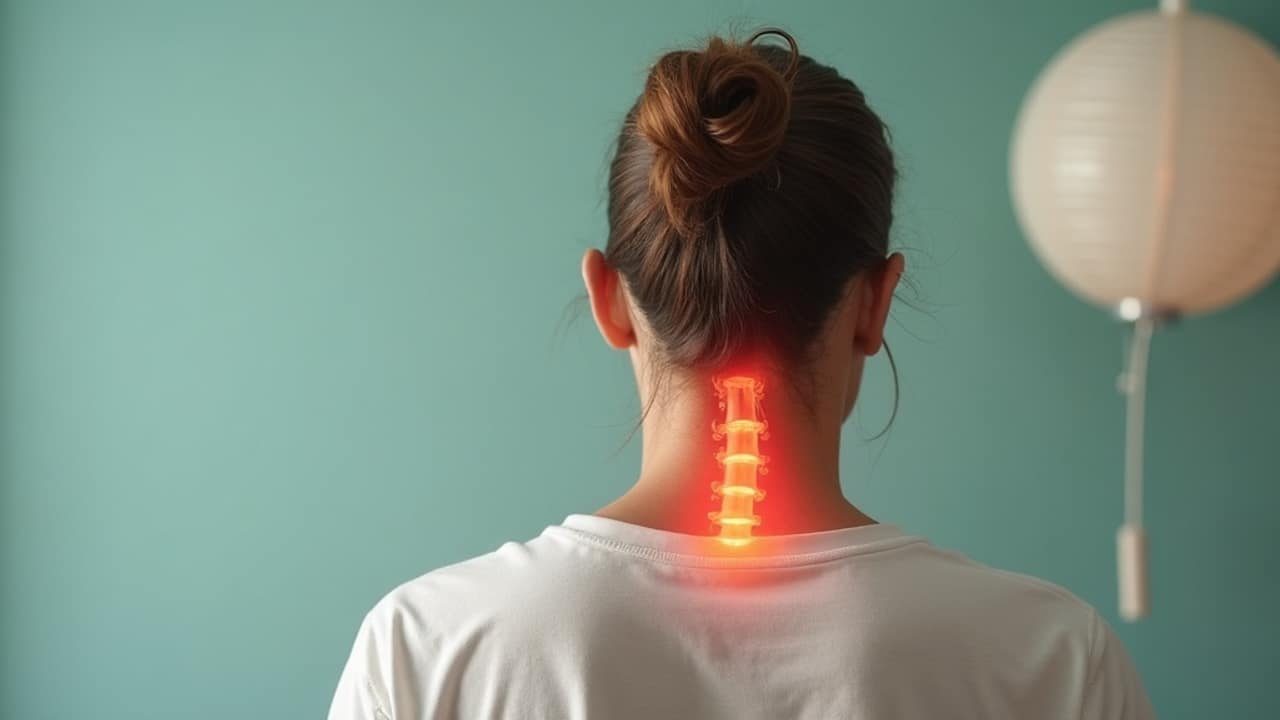 A person sitting up in bed gently rubbing the side of a stiff neck