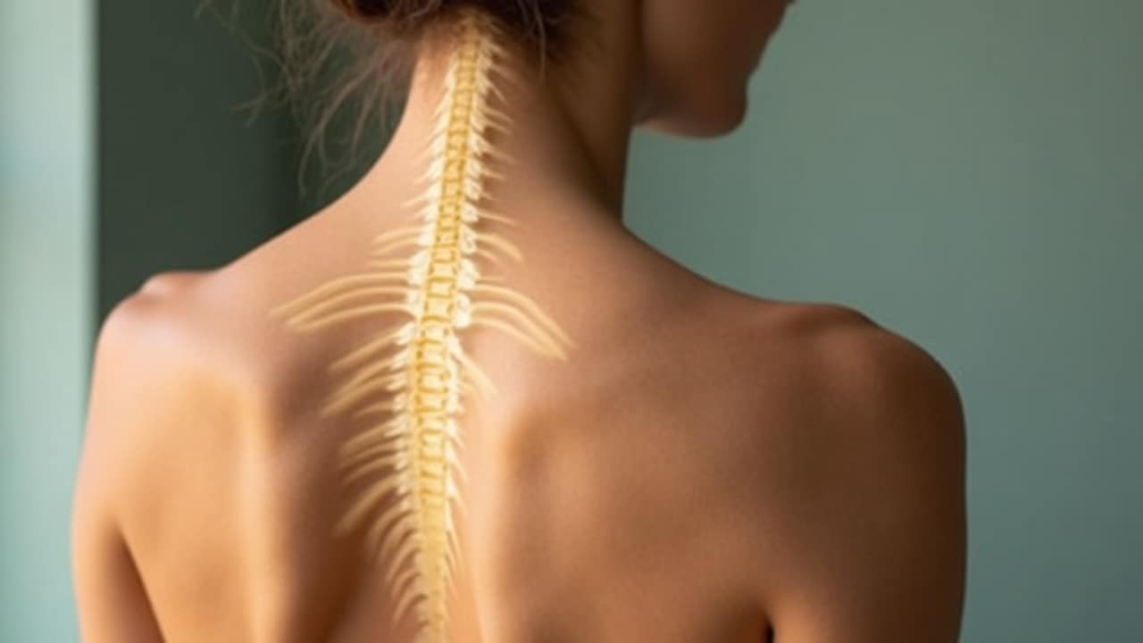 A person seated at a desk pressing a hand to the upper back between the shoulder blades