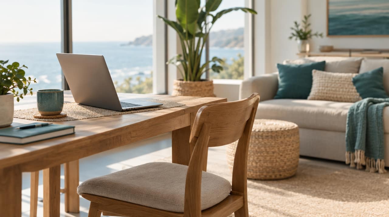 A person working on a laptop at a kitchen table with a cushion propping up the screen