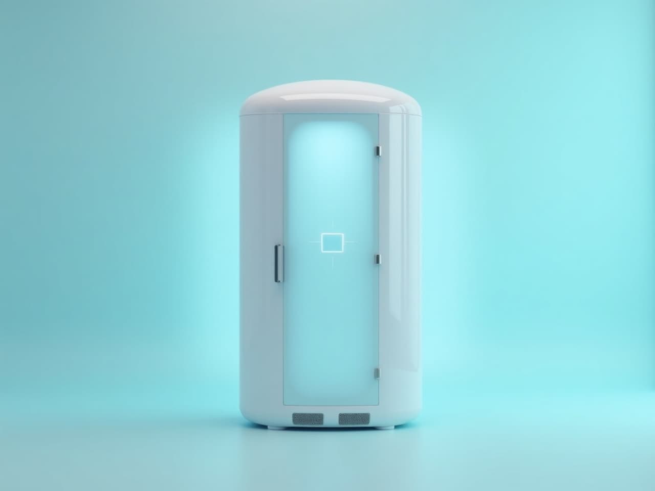 A person standing inside an upright cryotherapy chamber with cold vapor rising