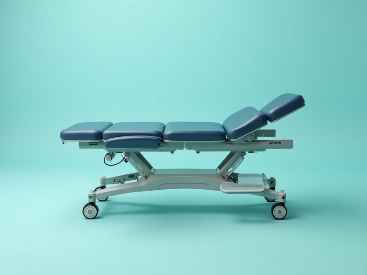 A chiropractic table with a hinged lower section that flexes and stretches the lower back