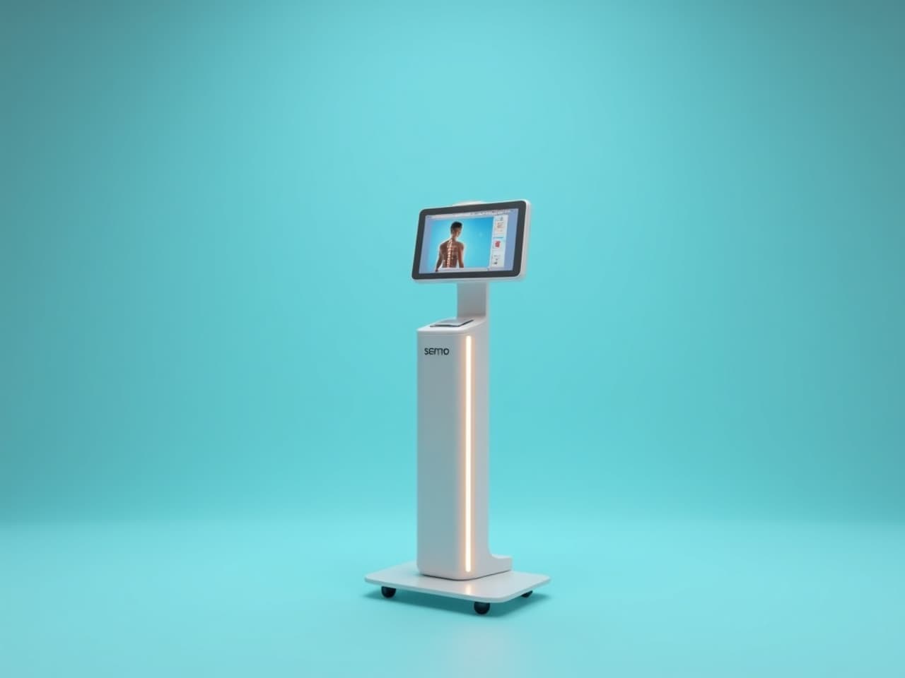 A patient standing in front of a digital posture scanner with an alignment report on a screen