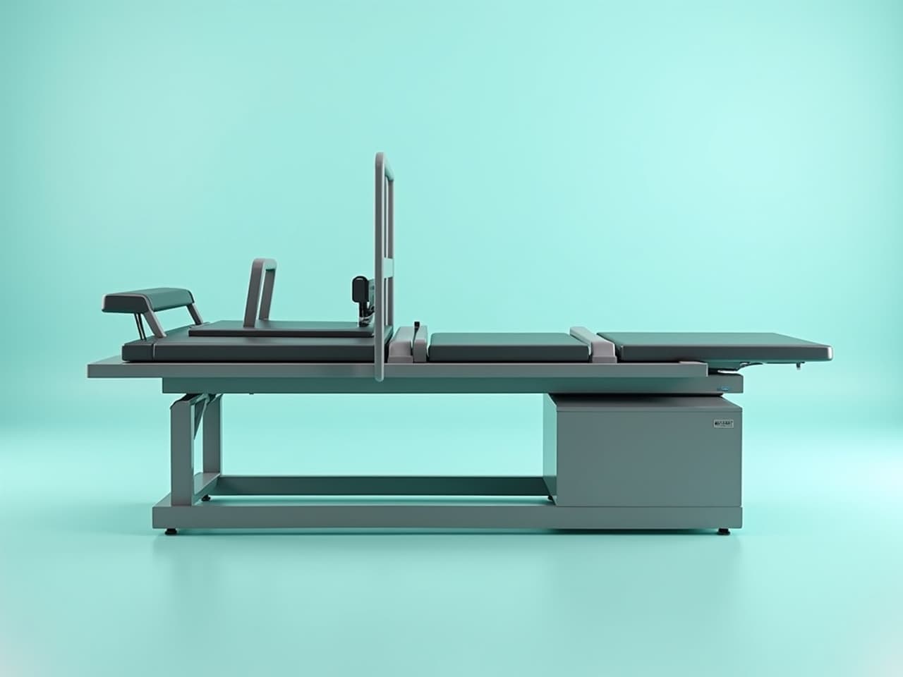 A motorized spinal decompression table with a harness and a control panel in a treatment room