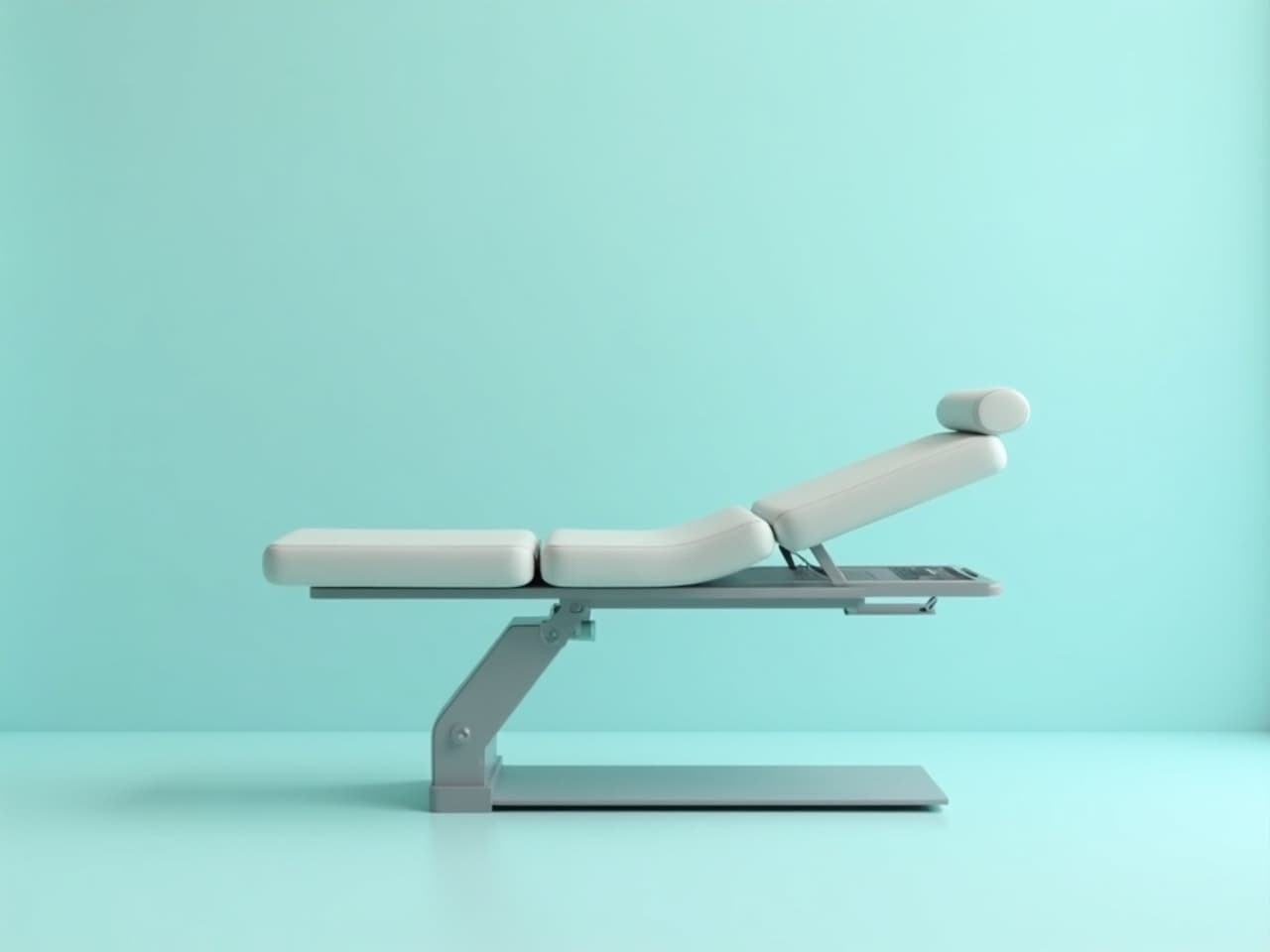 A padded chiropractic drop table with segmented cushioned sections in a clinic room
