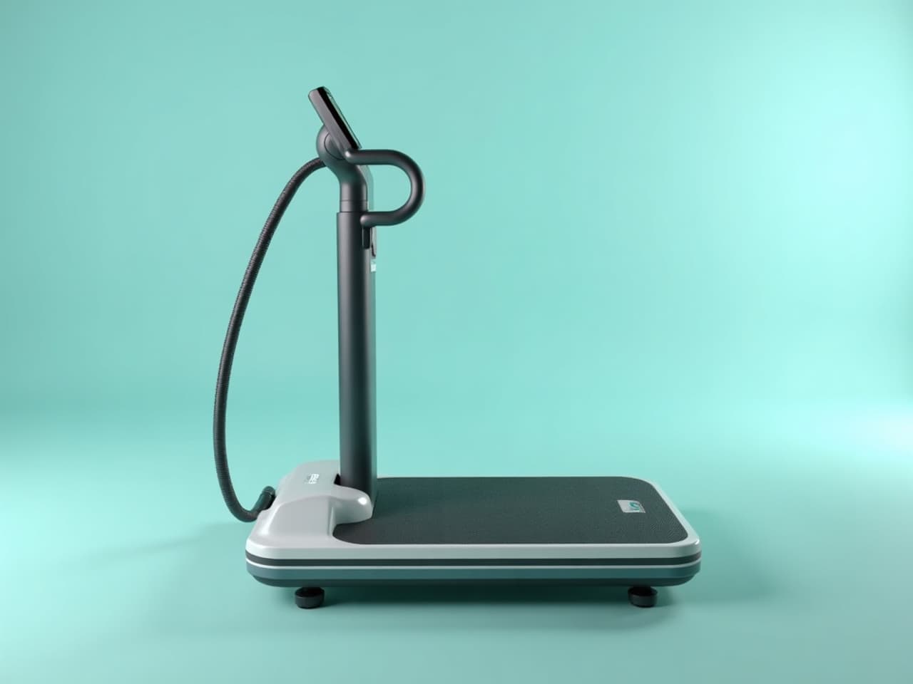 A person standing on a vibration platform holding a support bar in a clinic