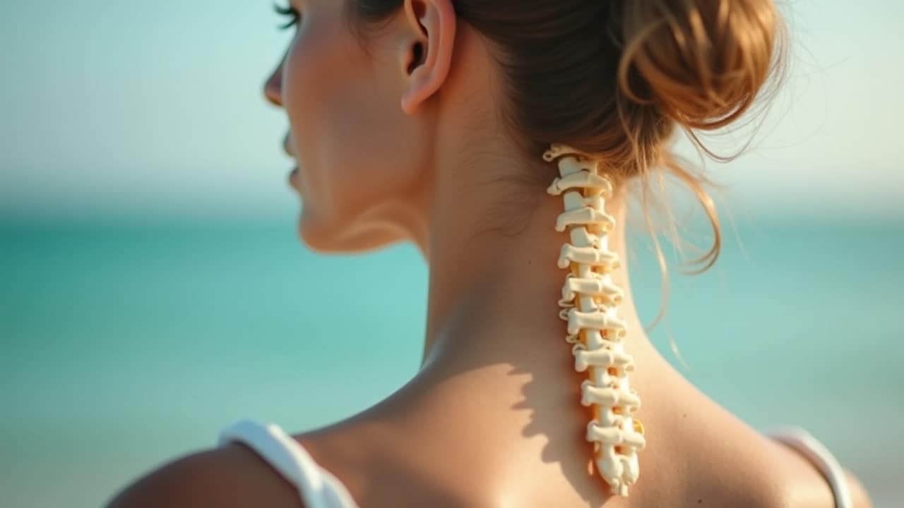 A person gently rubbing the side of their neck while sitting at a desk