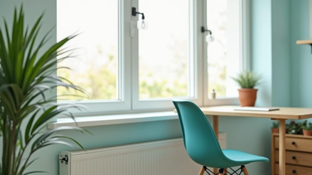 A tidy home office desk set up with a monitor at eye level and a supportive chair